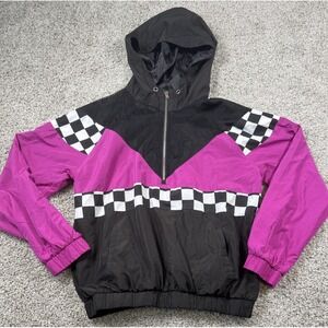 Forever 21 Checkered Racing Hoodie Windbreaker Quarter Zip Black Pink Womens Med